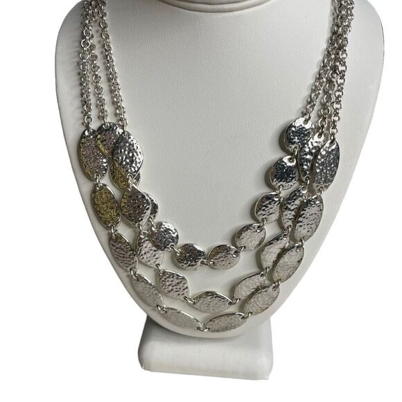 New Talbots Silver Hammered Disk Chain Link Bib Necklace 3-Strand Statement - Picture 1 of 7
